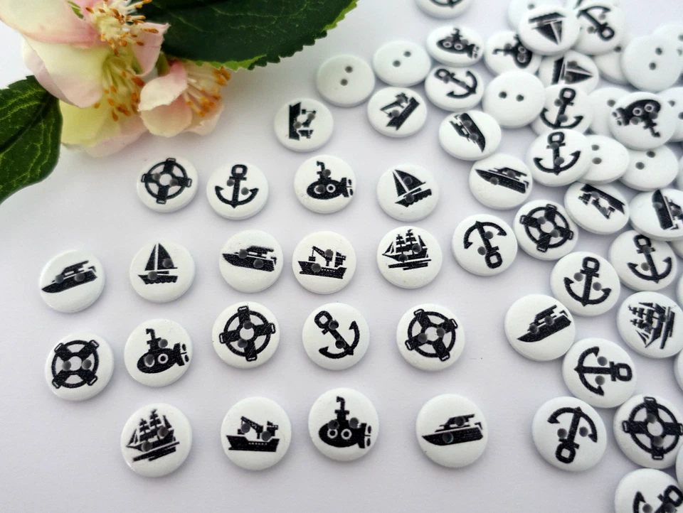 10x Knopf 15mm Rund Maritim Anker Boot Knöpfe Kinder Jungen schwarz weiß Meer - Bild 2 von 3