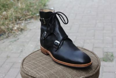 Herren Knöchel Schwarz Leder Stiefel Handarbeit Dreifach Mönch Riemen Leder Stiefel