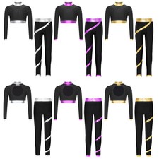 Kids Girls Gymnastics Outfit Long Sleeves Crop Top with Pants Dance Performance