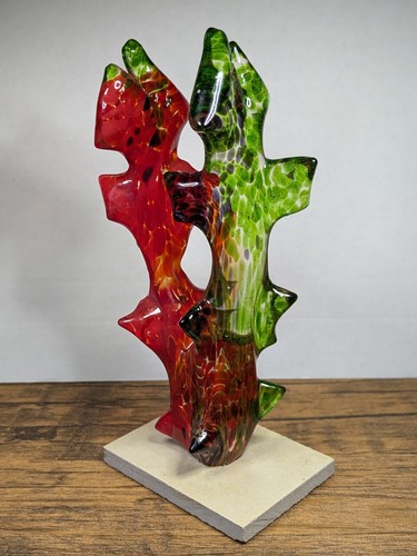 8¾" Glass Art Deco Sculpture w/ Base, Hand Crafted Abstract, Green Red Purple - Picture 7 of 19