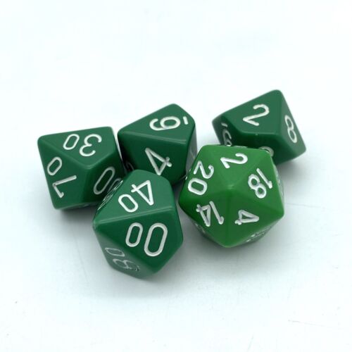 Lotto di 5 dadi chessex verde opaco con bianco CHX25405 d10, d% e d20 D&D