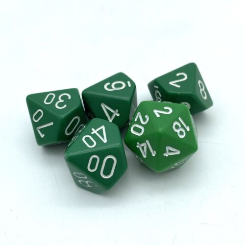 Lot Of 5 Chessex Dice Opaque Green W/ White CHX25405 d10’s, d%’s And d20’s D&D - Picture 1 of 1