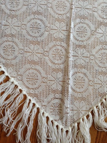 Vintage Morsly weißes Fransen Schal Dreieck Blumen Boho - Bild 3 von 4