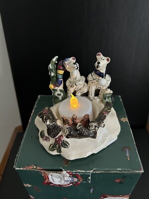 Blue Sky Clayworks Bears Roasting Marshmallows Over Camp Fire + Tea Light + Box