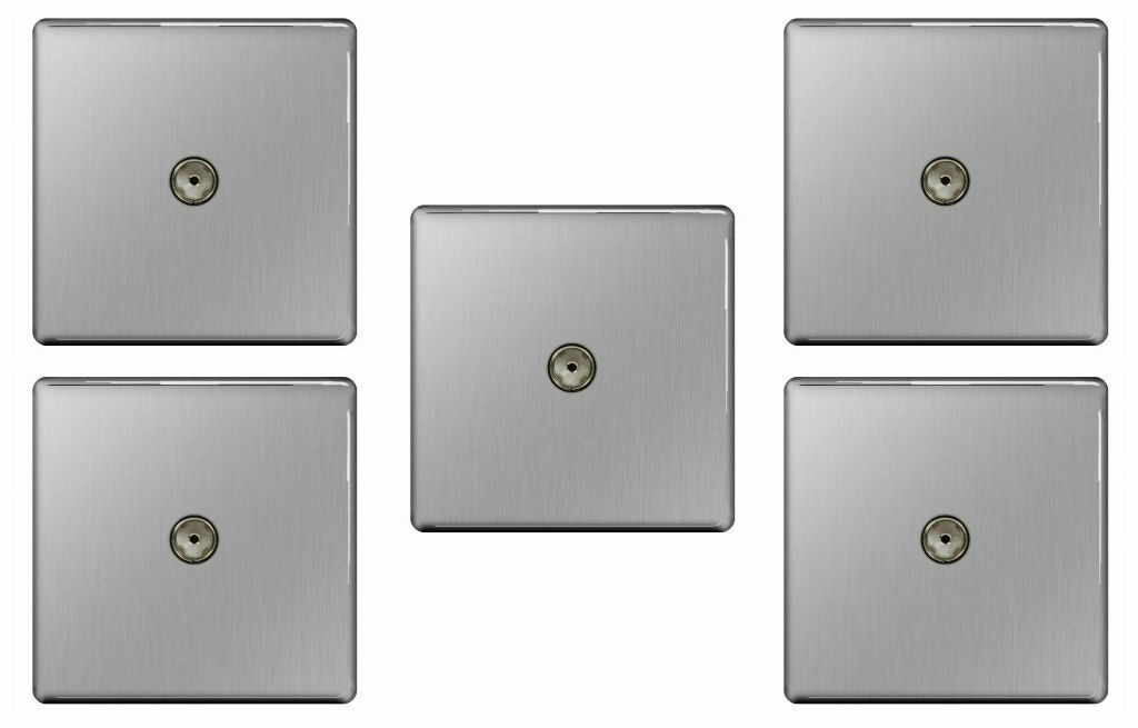 5 x BG FBS60 Screwless Flatplate Coaxial TV Aerial Socket 1 Gang (Brushed Steel)