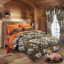 7 PC QUEEN SNOW MIXED COLOR SET CAMO WHITE King COMFORTER With ORANGE SHEETS