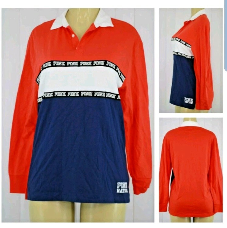 Victoria Secret Pink Nation Large L Long Sleeve Rugby Shirt women's