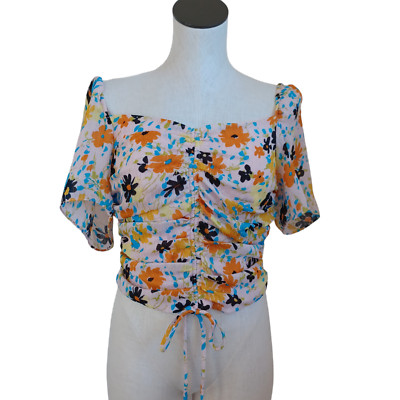 WAYF Top Secrets Kept Womens Medium Cropped Crinkle Ruched Sweetheart Neckline