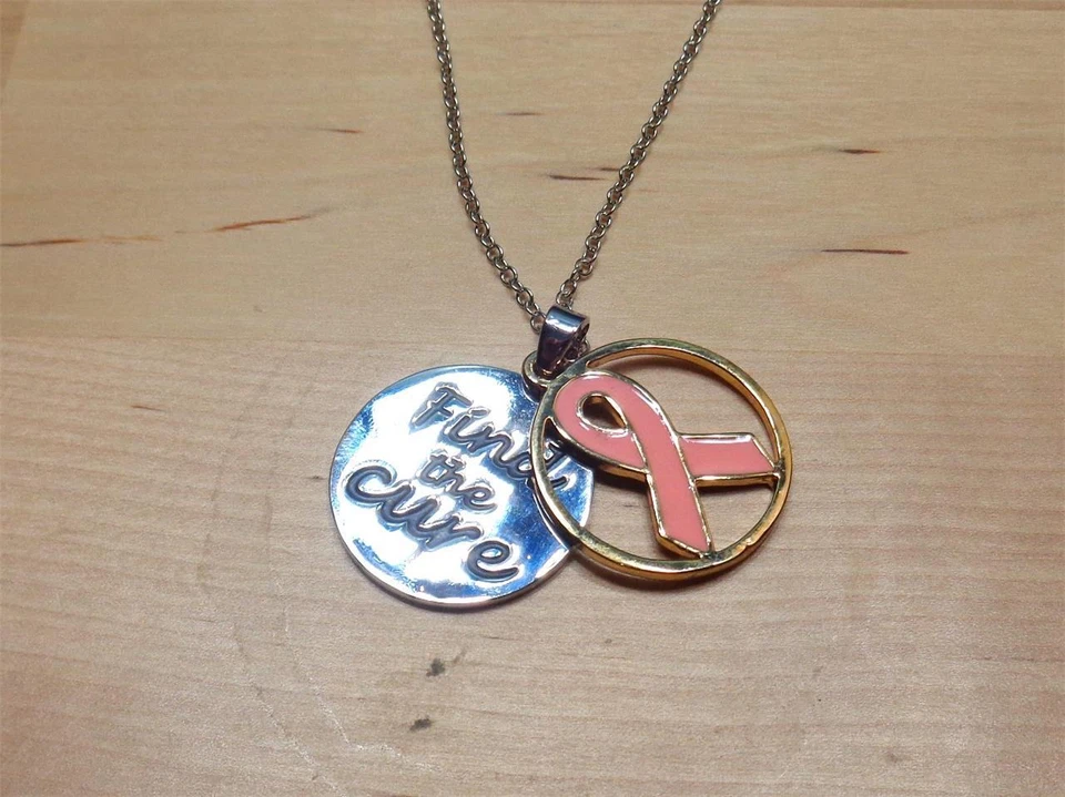 BEACH FASHION SILVER RHODIUM PINK RIBBON FIND THE CURE PENDANT NECKLACE - Image 2 of 4