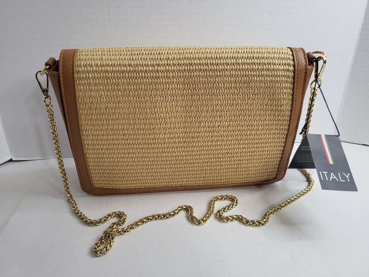 Stella Bianca Raffia Leather Flap Over Crossbody bag Chain Strap
