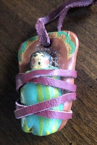 Vintage Clay Pottery Handmade Christmas Ornament baby papoose Leather Straps 2”
