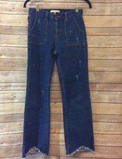 Oak Fort Women  s Medium Wash Distressed Released Hem Cropped Jeans, Size Small.