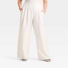 Women's High-Rise Relaxed Fit Wide Leg Pleated Linen Trousers -