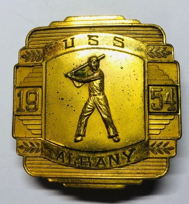 1954 USS Albany Gold Tone Brass Belt Buckle USA Baseball Batter (CA-123) Ship