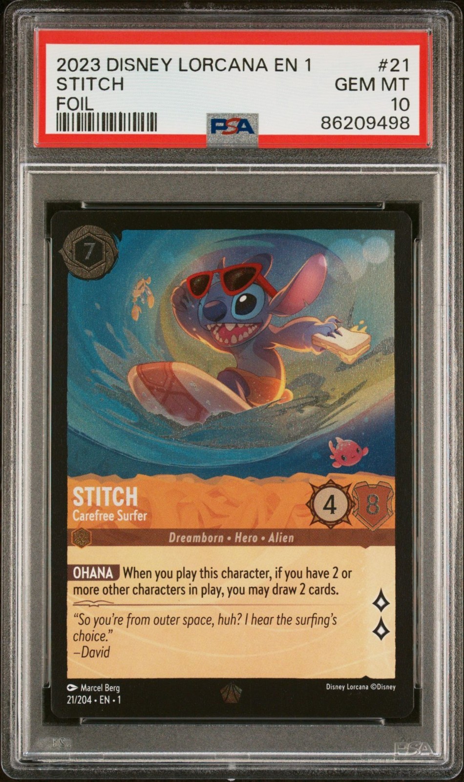 2023 Disney Lorcana #21 Stitch - Carefree Surfer 21/204 PSA 10 GEM MINT