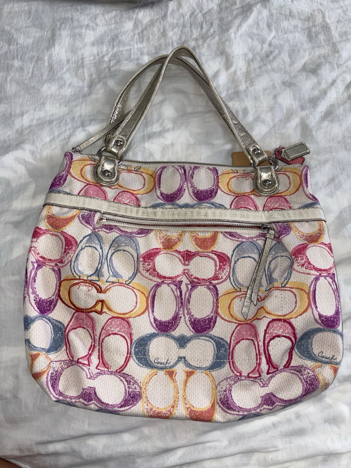 Coach Multicolor Logo Shoulder Bag Metallic Silver Handles Bag Charm Zip