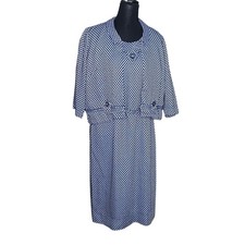 Vintage Blue White Geometric Diamond 2 Piece Dress and Cropped Jacket Set 1960s