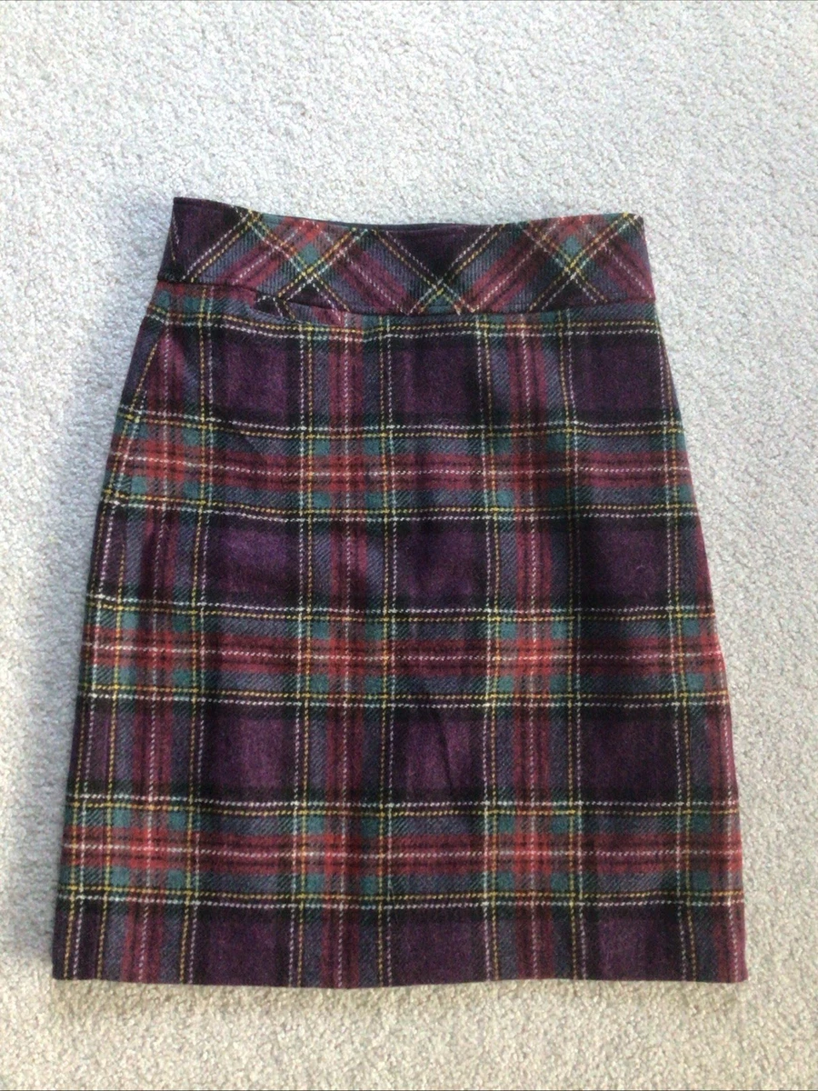 Navy Blue Wool A Line Pleated Plaid Winter Skirt UK 16 1940s 1950s