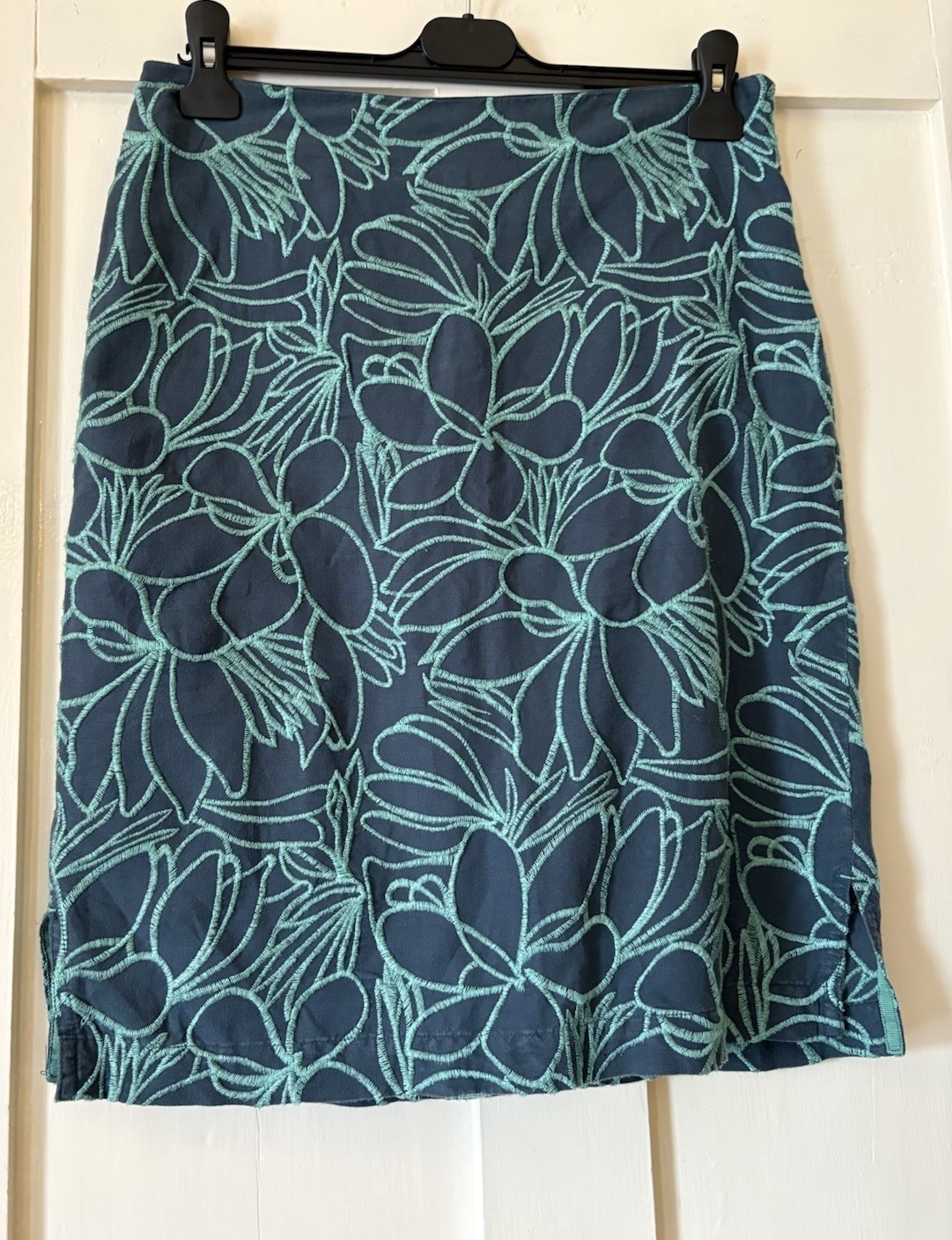 Teal Embroidered Linen Blend Pencil Skirt UK8 L23 Fully Lined