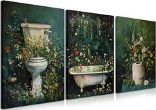 Vintage Floral Dark Green Canvas Triptych