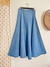 Vintage Pottery Denim Maxi Skirt USA Made Prairie Boho Flare Size 9