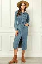 Western Vintage Denim Midi Dress Long Sleeve Front Slit Jean Shirt Dress S