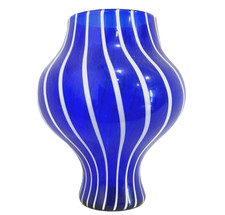 Cobalt Blue Art Glass Vase Hand Blown Swirl Stripe Retro MCM Statement Decor 12  