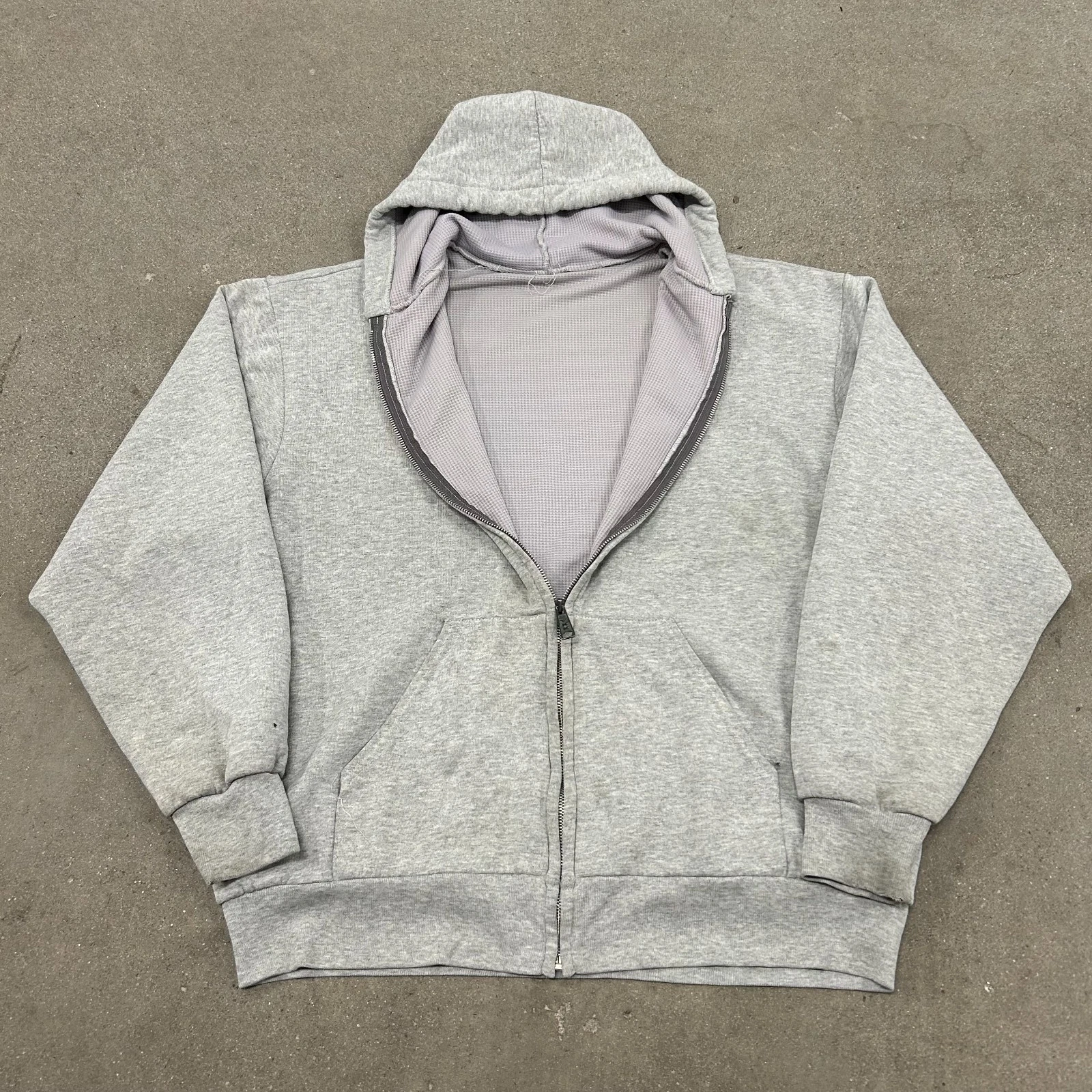 VTG Grunge Hoodie Gray Waffle Lined Full Zip Thermal Lined Long Sleeve