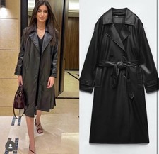 ZARA TRENCH COAT DOPPIOPETTO NERO ECOPELLE NUOVO CON ETICHETTE CINTURA TAGLIA L