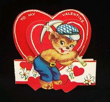 Vintage 1940's Die Cut Fold Open Valentine Card Bear W/Pickaxe Hearts & Flowers