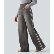 Halara Flex High Waisted Stripe Wide Leg Flowy Jeans Gray Size Large Petite