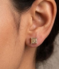 Silver Square Cluster Stud Earrings Yellow Sapphire Pave Grid Studs Gift