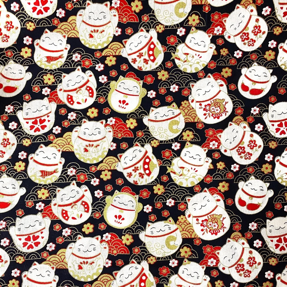 1/2 Yard Japanese Fortune Cat Maneki Neko With Metallic Gold Cotton Fabric  - image 4 of 4