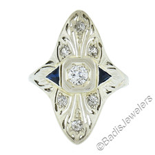 Art Deco Filigree Cocktail Ring with Old European Cut Diamonds and Sapphire Accents — listing 6