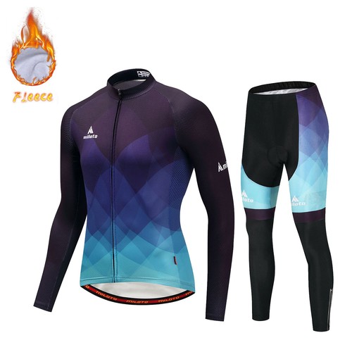 Blue Men's Winter Thermal Cycling Set Fleece Biking Jersey and Pants Padded Kit - Picture 1 of 7