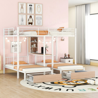 Metal Triple Bunk Beds with Storage Drawers Loft Bunk Beds with Desk  Bookshelves - Main Image