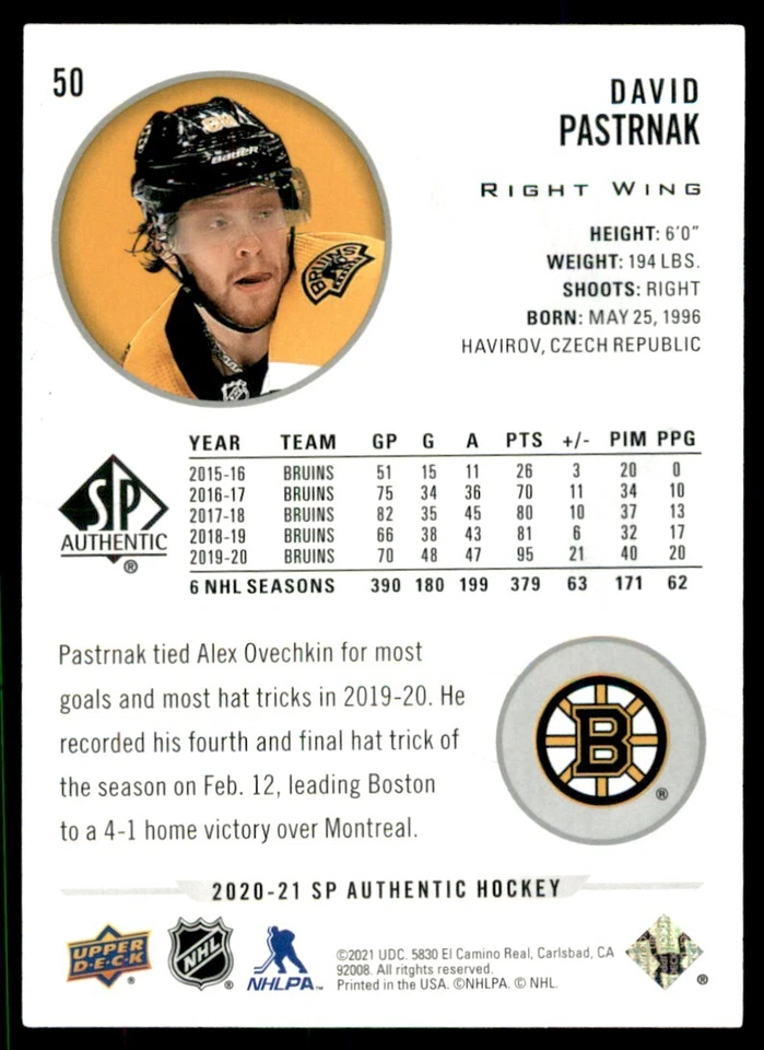2020-21 SP Authentic David Pastrnak #50 - Image 2 of 2