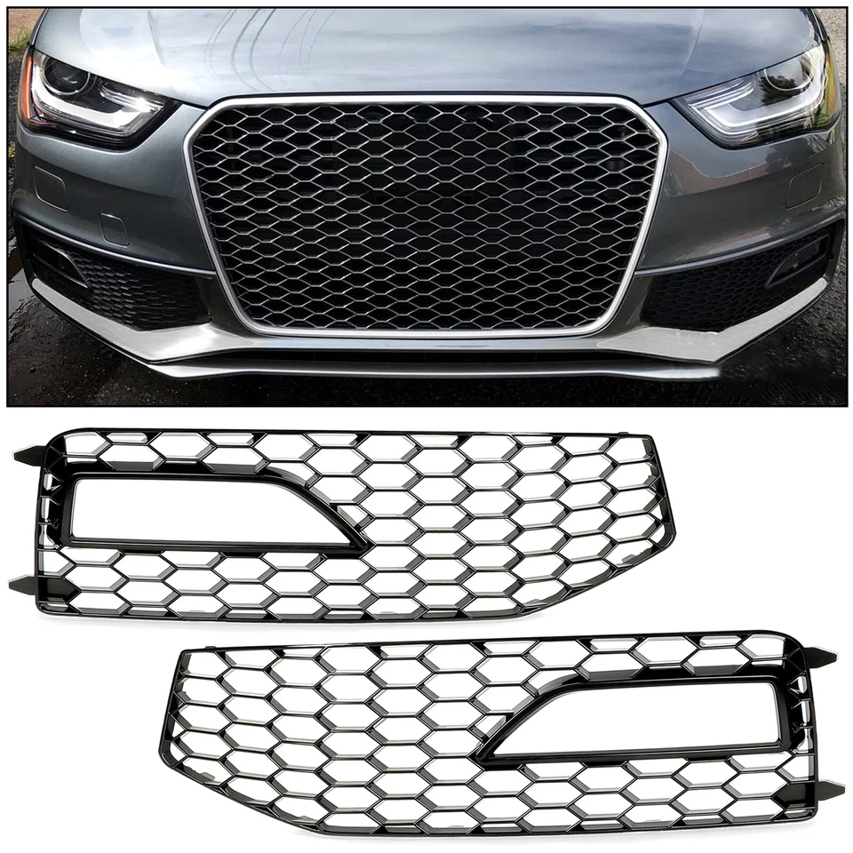 Black Front Honeycomb RS4 Style Fog Light Grill Cover For 2013-2016 Audi A4 B8.5 Foto 4 de 4