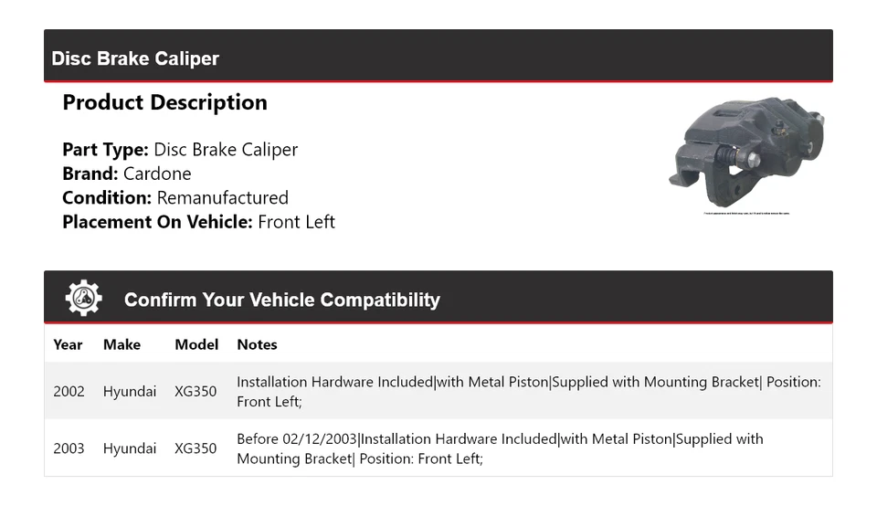 Pinza de freno de disco delantera izquierda cardone para Hyundai XG350 2002-2003 Foto 2 de 4