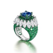 Simulated Blue  White Sapphire, Green Emerald Luxurious Women Ring 935 Silver
