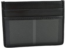$300 BURBERRY Gray Canvas Check Black Leather Credit Card Case NEW COLLECTION