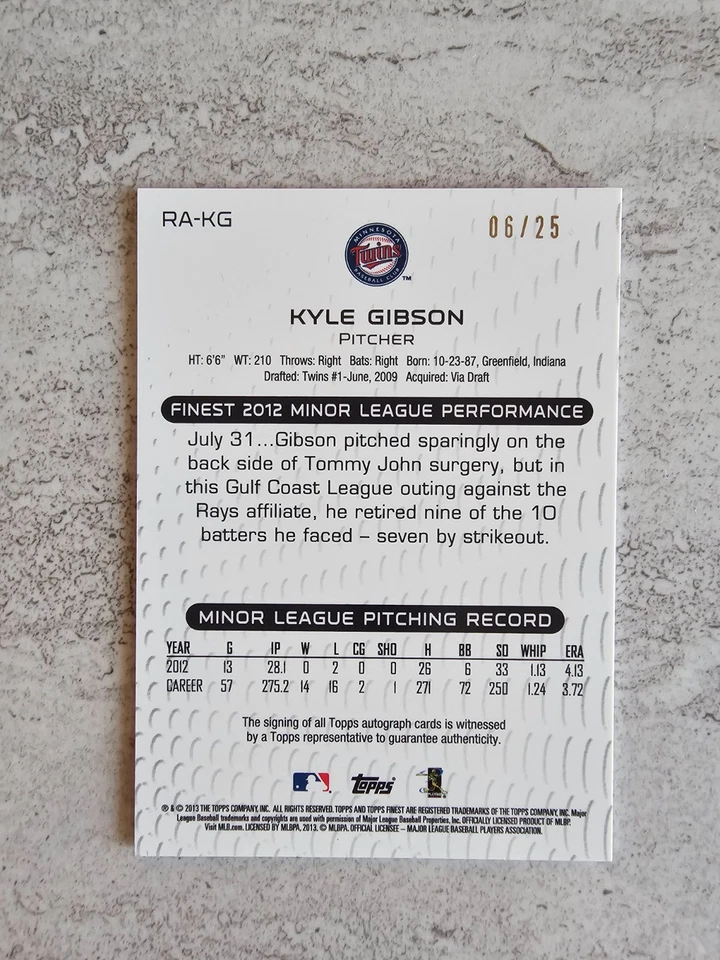 Tarjeta automática Topps Finest Kyle Gibson Rookie Red Refractor 2013 6/25 RA-KG MN Twins Foto 3 de 3