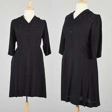 Vintage 1940s 40s Black Crepe Dress Beaded Bust Bodice Elegant Cocktail Evening