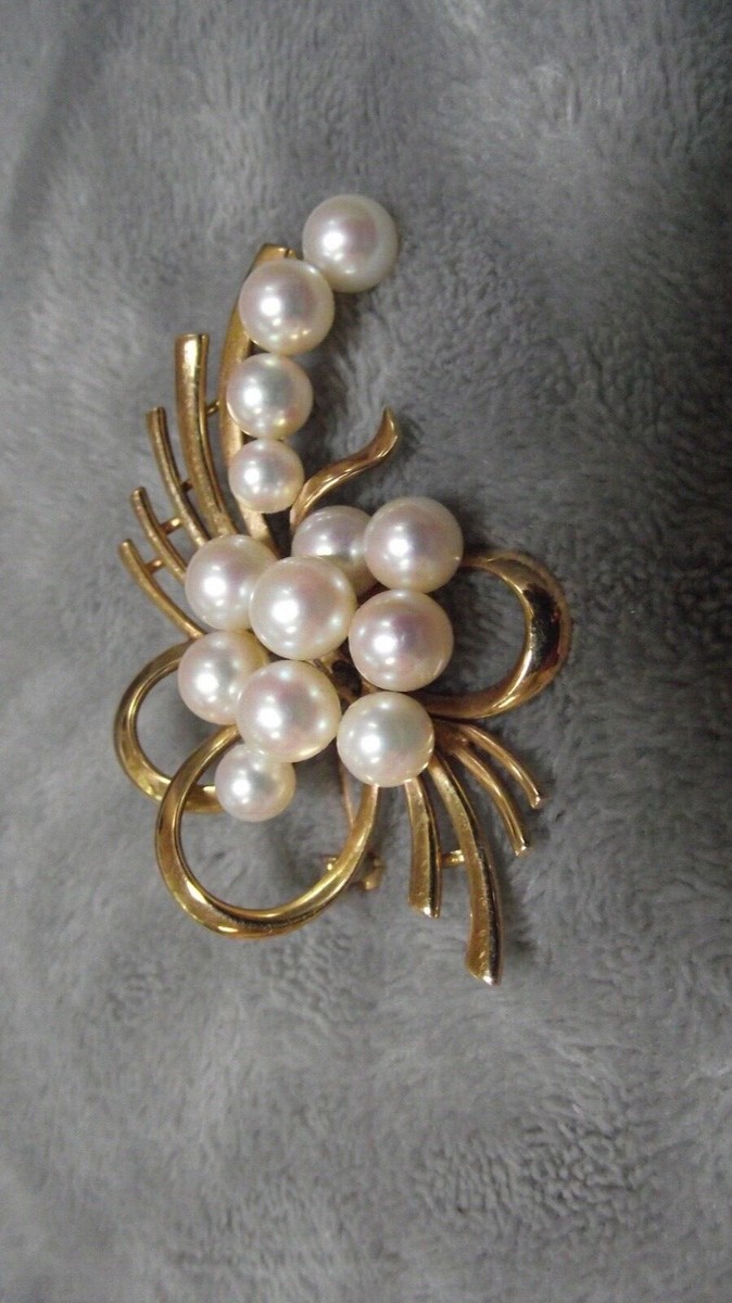 【特価!】MIKIMOTO 華やか ゴージャス AKOYA ブローチ vintage Mikimoto Brooch with 13 Akoya Pearls Ribbon Swirl
