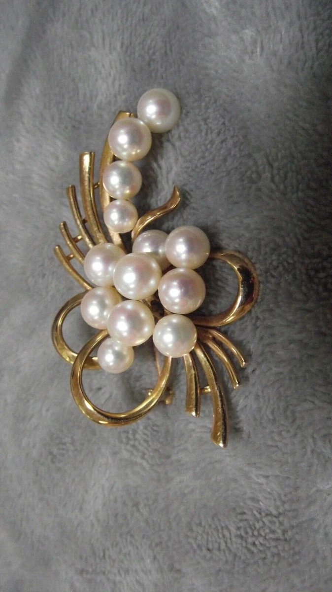 Mikimoto Cultured Pearl Floral Brooch 14k Yellow Gold Statement Pin