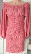 New Little Mistress Size 12 Pink Bardot Shirred Bodycon Dress, BNWT