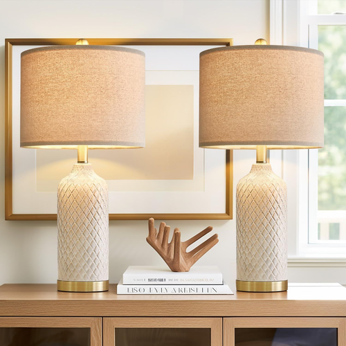 Modern Gold Boho Ceramic Table Lamps Set of 2 - 24.25 Inch Beige