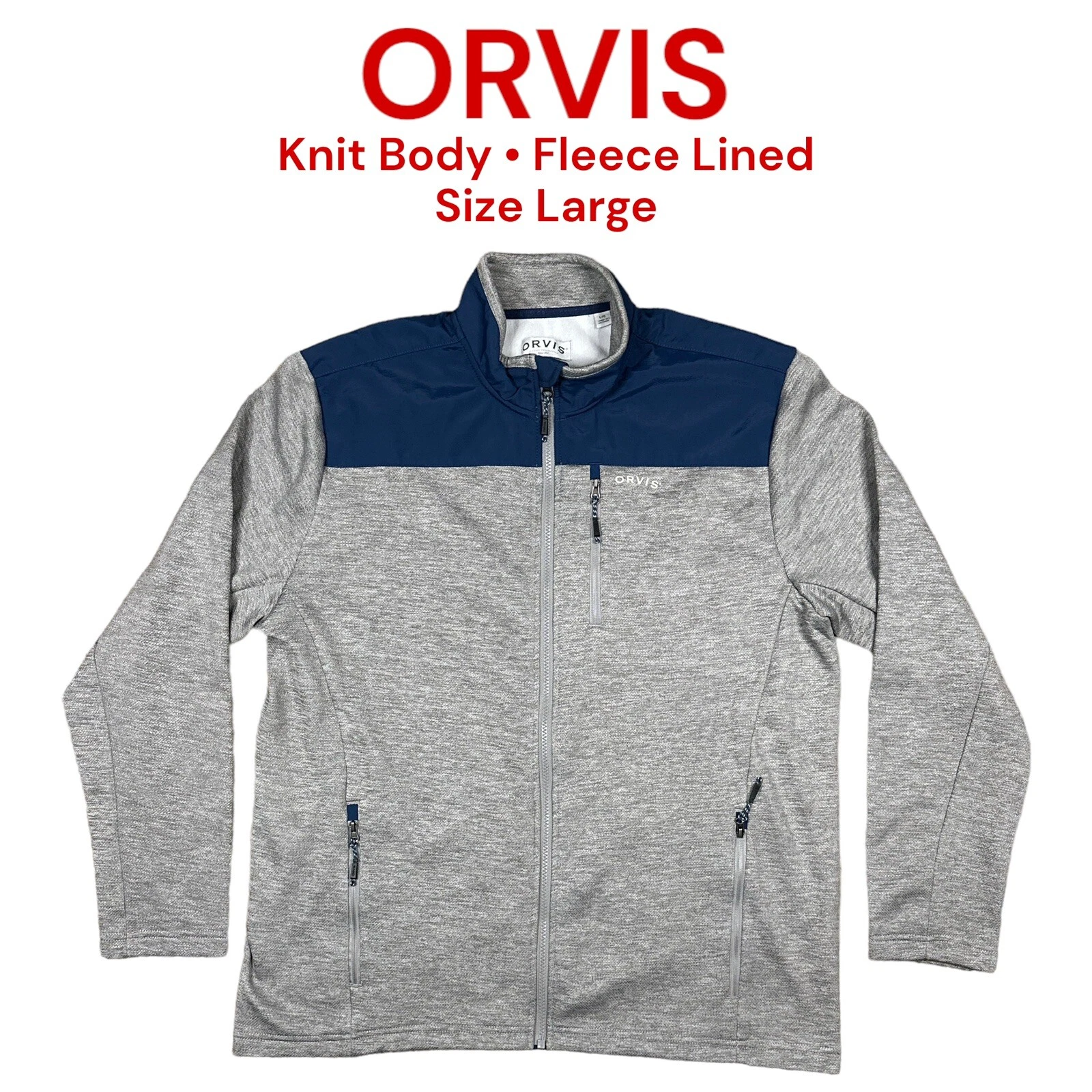 Orvis Fleece Lined Knit Jacket Mens Sz Large Gray Blue Full Zip Casual Outdoor