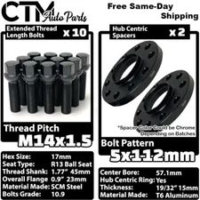 2x 15mm Thick 5x112 57.1mm CB Wheel Spacer Set Black 14x1.5 Bolt Fit Volkswagen