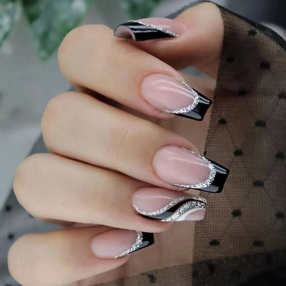 on Nails Love Heart Fake Nails Glitter Black Silver Ballerina Short French